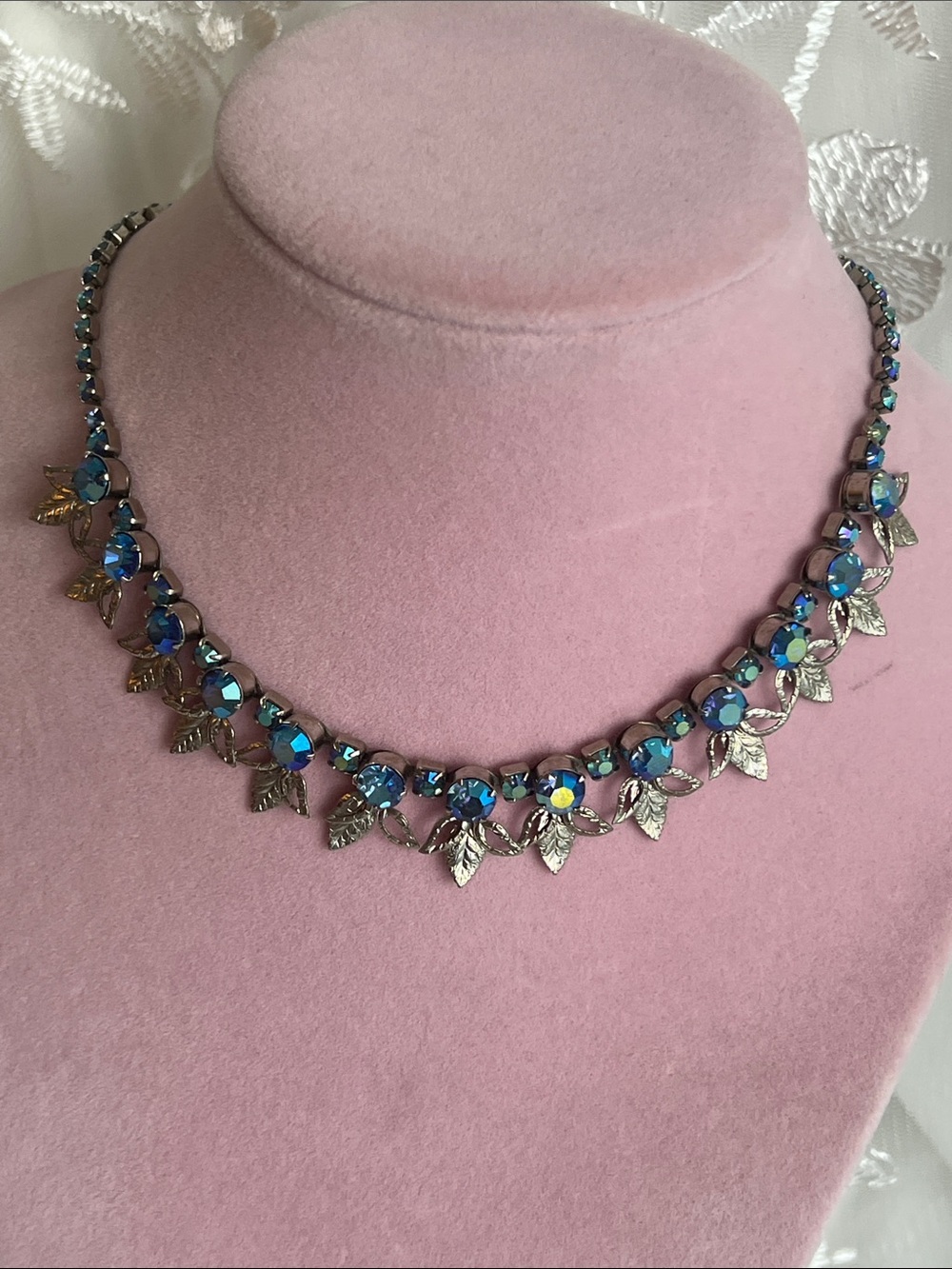 Blue Crystal Leaf Choker Necklace - Picture 7 of 7